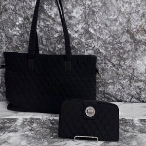 Vera Bradley Large Quilted Work Tote & Turn-lock Wallet Set Black on Black GUC